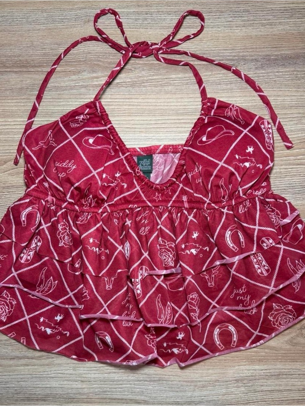 wild fable Red Halter Ruffle Print Crop Top